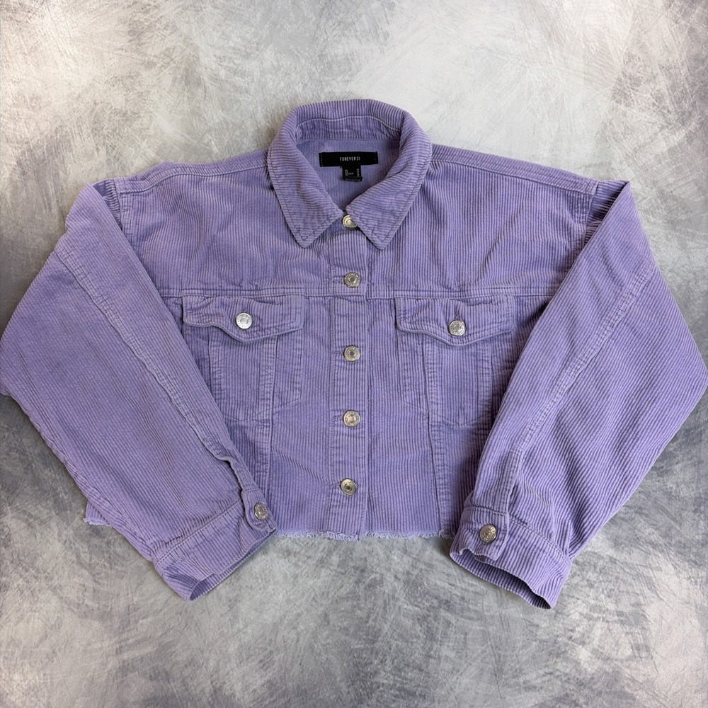 Forever 21 Corduroy Jacket Womens Medium Purple Cropped Raw Hem Button Up